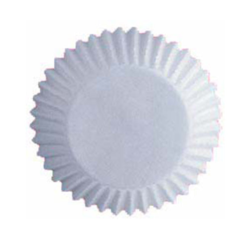 Single standard white fluted baking cup liner shown from above on a white background.