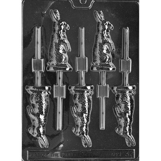 Clear plastic chocolate lollipop mold with standing rabbit cavities, showing a side-profile bunny with raised fur texture and built-in stick slots on a dark background.