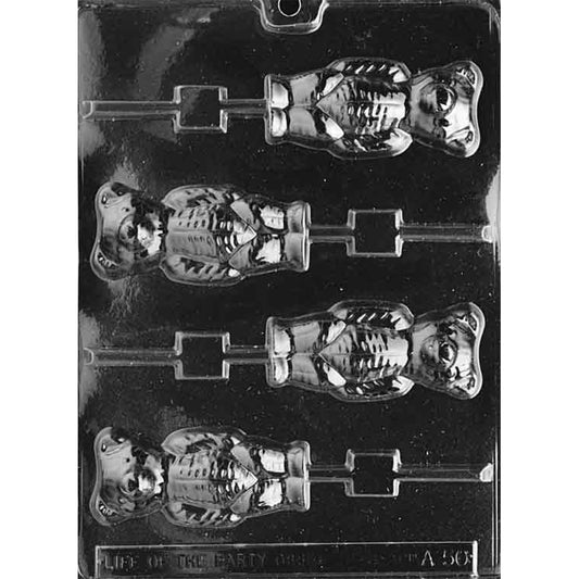 Clear chocolate lollipop mold with four standing teddy bear cavities featuring rounded ears, friendly faces, and straight stick channels.