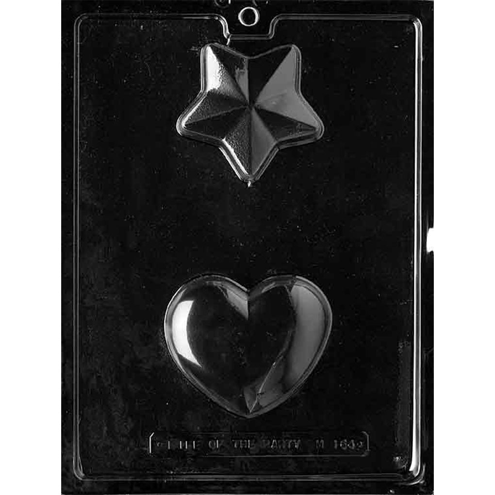Plastic chocolate mold with two large cavities shaped like a heart and a six-point star