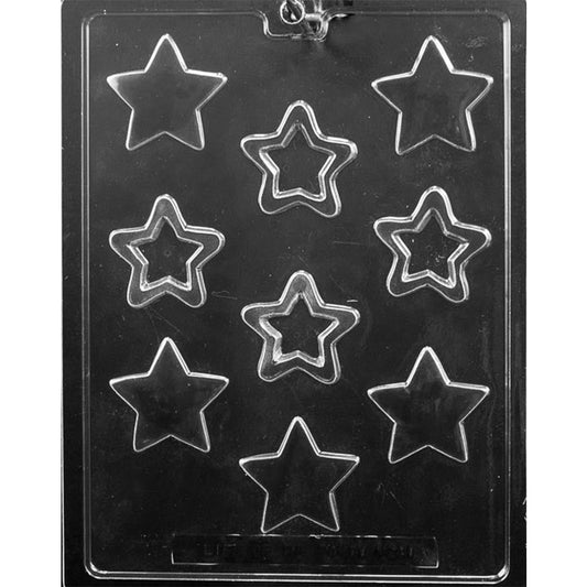 Clear chocolate mold with nine five-point star cavities in assorted sizes, including smooth solid stars and double-outline star designs on a dark background.