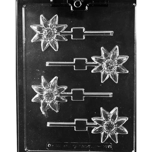 Daisy chocolate lollipop mold with four pointed flower cavities, lined petals, raised centers, and stick channels