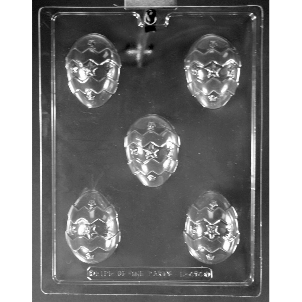 Five-cavity Easter egg chocolate mold with raised center stars, smaller star accents, and zigzag bands; each egg measures approximately 1 7/8 x 7/8 inches.