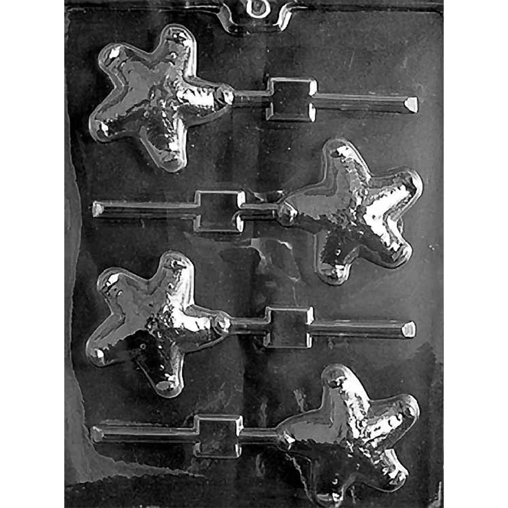 Clear plastic chocolate lollipop mold with five starfish-shaped cavities and stick channels, shown on a dark background.