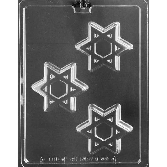 Clear plastic chocolate mold with three Star of David shaped cavities sized for chocolate-covered sandwich cookies, shown against a dark background.