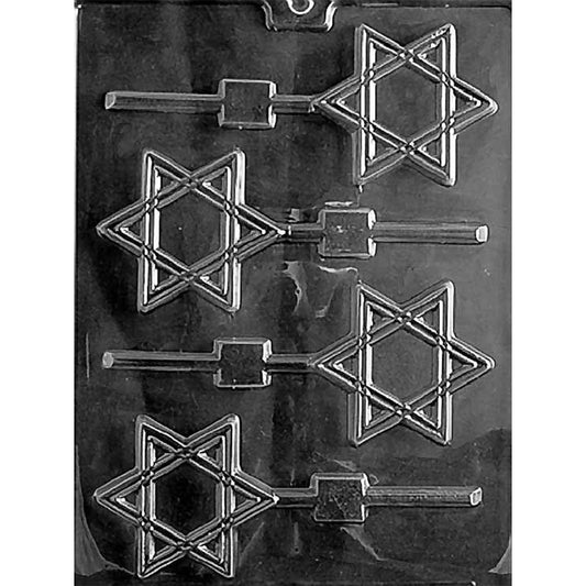 Clear plastic chocolate lollipop mold with six Star of David cavities featuring a six-point geometric design and stick channels for making Star of David chocolate pops.