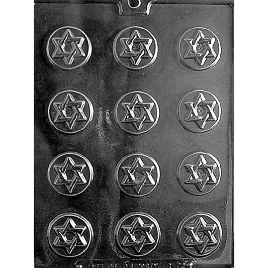 Clear Star of David Mints Chocolate Mold photographed against a black background with 12 round cavities featuring raised six-pointed Star of David designs.