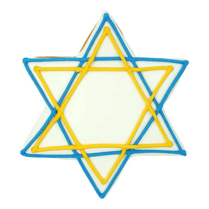 Decorated six-pointed star sugar cookie with white icing, outlined in blue and yellow to create a Star of David pattern.