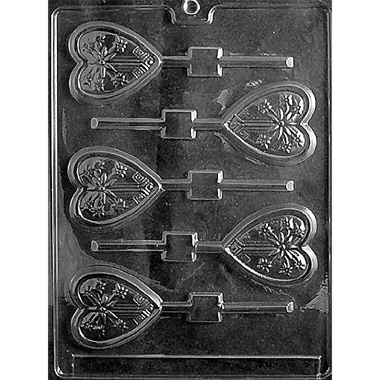 Clear plastic chocolate lollipop mold with six heart-shaped cavities featuring an embossed starburst pattern and stick channels for making heart chocolate pops.