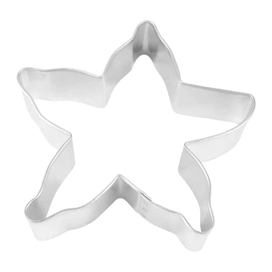 Top-down view of a five-pointed starfish-shaped metal cookie cutter with slightly wavy edges, ideal for ocean and beach-themed cookies.