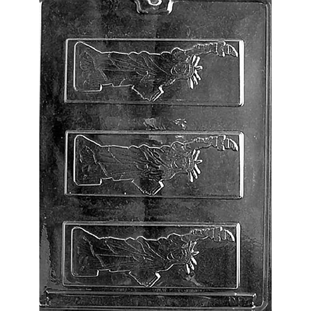 Three-cavity rectangular chocolate bar mold with embossed Statue of Liberty figures holding raised torches