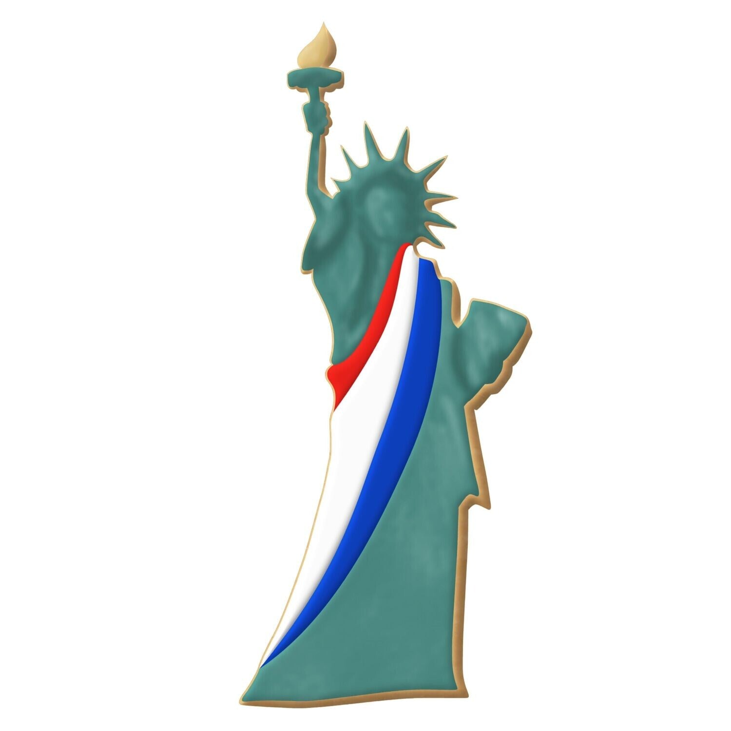 Decorated Statue of Liberty cookie with green icing, a golden torch, and a red, white, and blue sash, ideal for Independence Day celebrations.