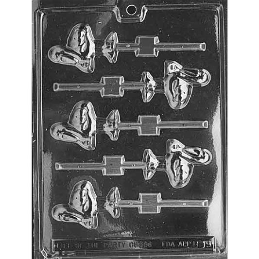 Clear plastic stork chocolate lollipop mold shown on a dark background, with stork carrying a baby bundle cavities