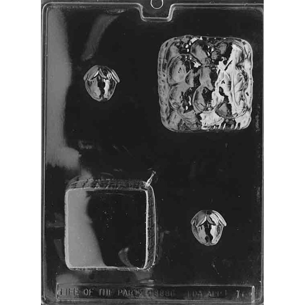 Clear Strawberry Basket 3D Chocolate Mold photographed against a black background with one basket base cavity, one strawberry-topped upper cavity, and two small standalone strawberry cavities.