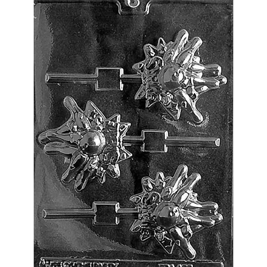 Clear plastic chocolate lollipop mold with three bowling-themed cavities showing a bowling ball crashing into pins, with raised action details and stick channels.
