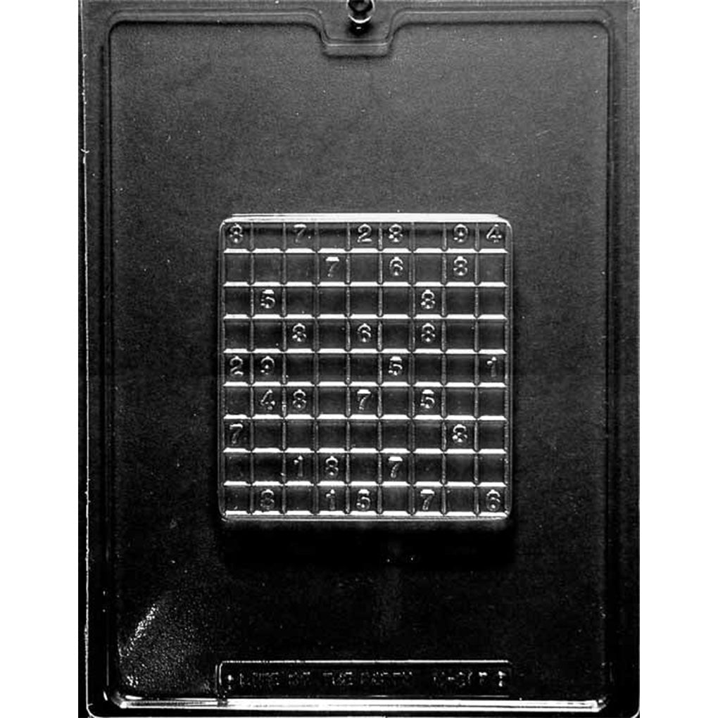 Clear plastic Sudoku board chocolate mold with one 4 1/4-inch square cavity featuring a raised 9-by-9 puzzle grid and molded number clues.
