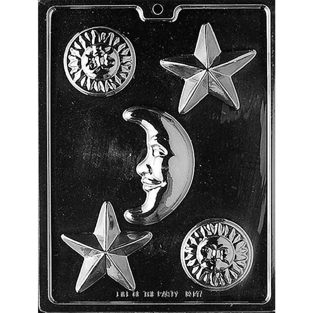 Clear chocolate mold with five celestial cavities featuring two smiling suns, two five-point stars, and one crescent moon with a face.