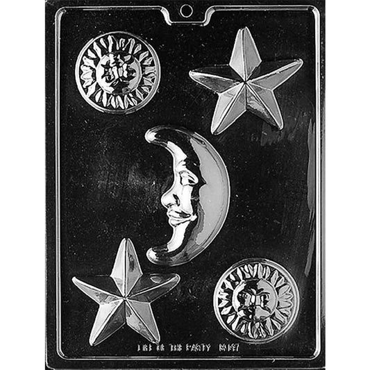 Clear chocolate mold with five celestial cavities featuring two smiling suns, two five-point stars, and one crescent moon with a face.