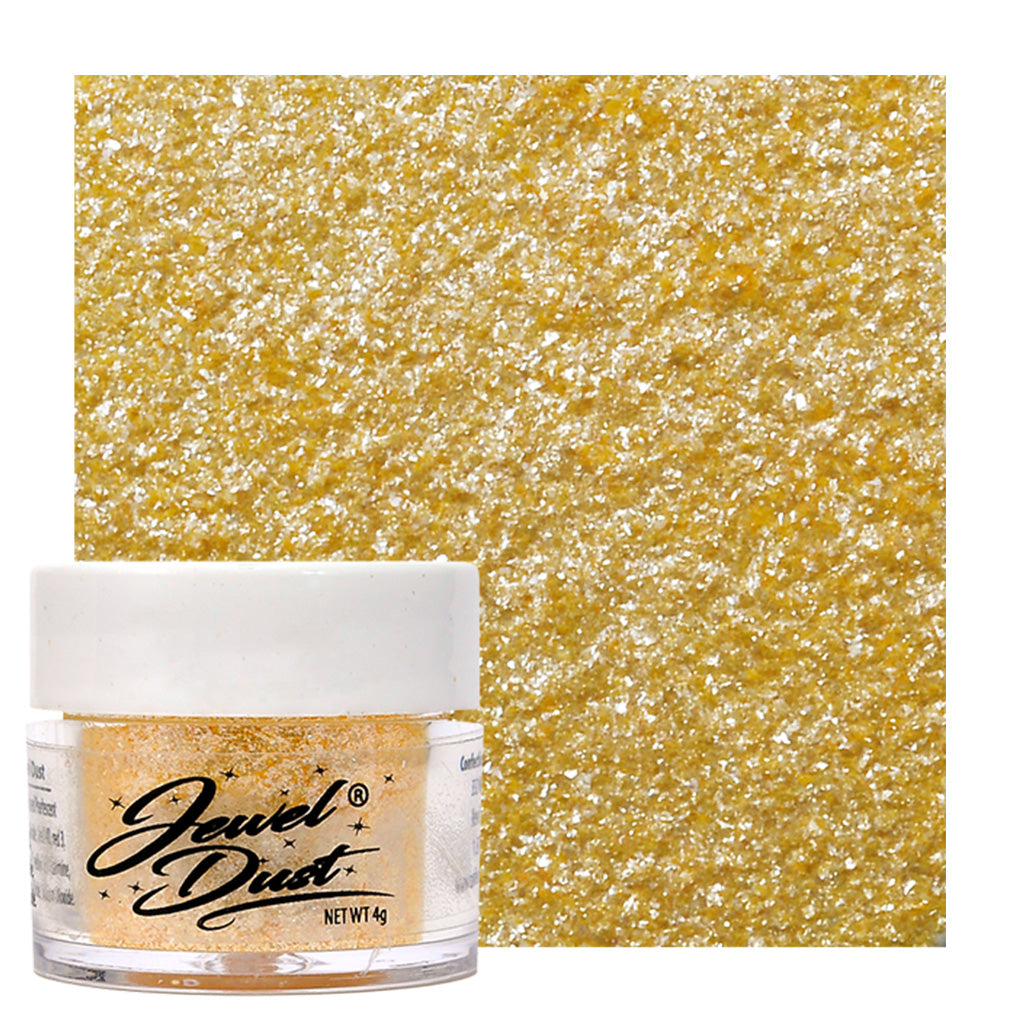 sunflower Jewel Dust edible glitter jar with rich yellow sparkle swatch for cakes, cookies, drinks, and desserts.