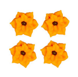 Four small royal icing sunflowers, 7/8 inch each, bright yellow petals with dark brown centers, edible toppers for cupcakes, cookies, and cakes