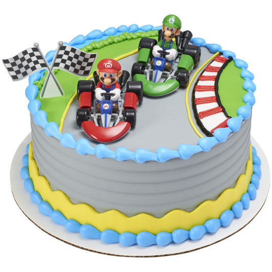 Three-piece Super Mario Mario Kart cake topper set with Mario and Luigi driving go-karts and a black-and-white checkered flag pick