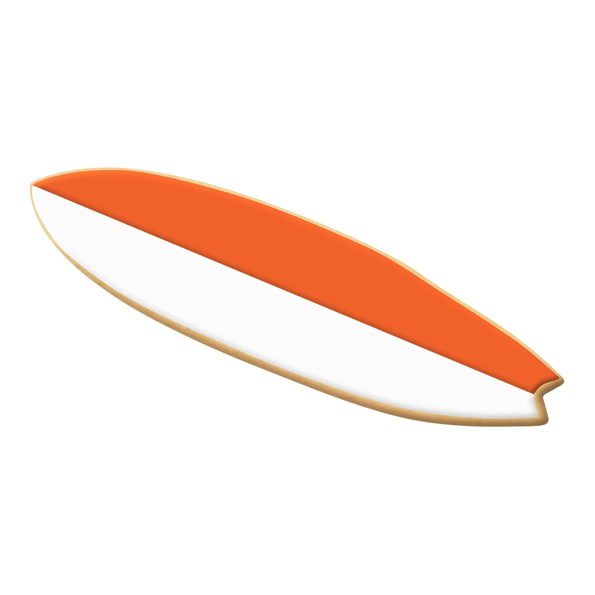 Surfboard-shaped cookie with orange and white icing, created using a 5-inch surfboard cookie cutter.