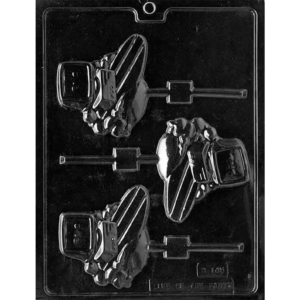Three-cavity Surfin’ the Net chocolate lollipop mold with retro cartoon desktop computers riding striped surfboards, each approximately 3 1/4 x 3 1/2 inches