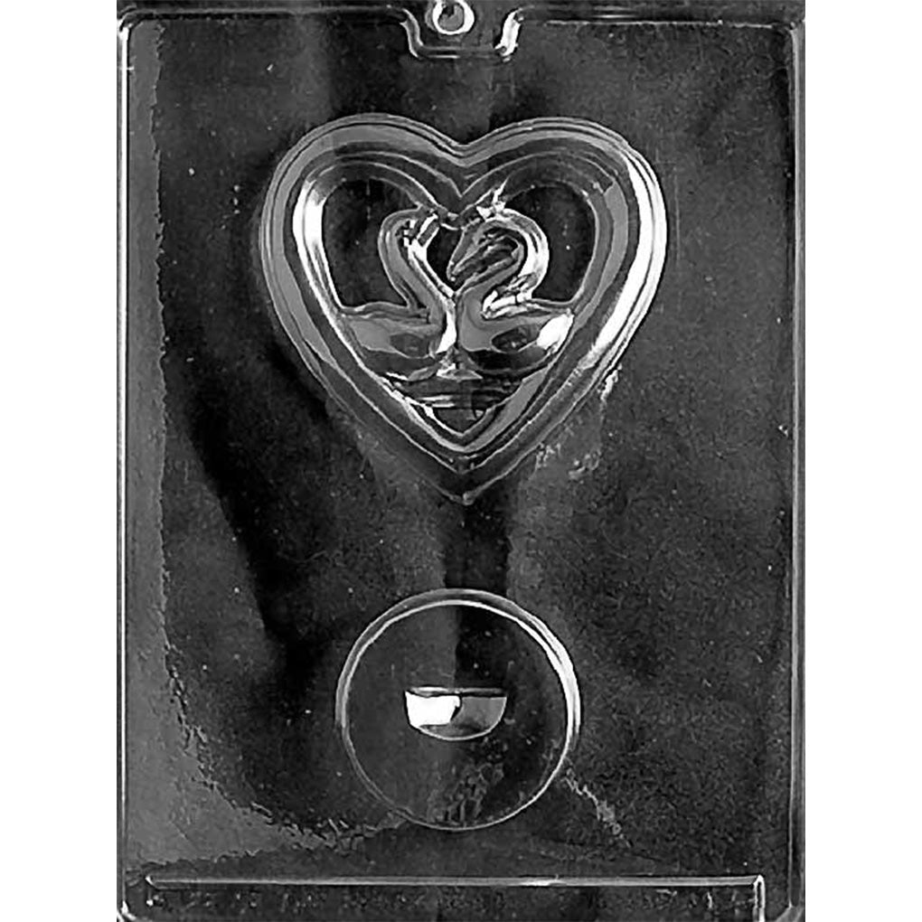 Two-cavity swans in heart chocolate mold with a 3 3/4" x 4" decorative heart piece and separate 2 1/2" slotted round base for one standing display