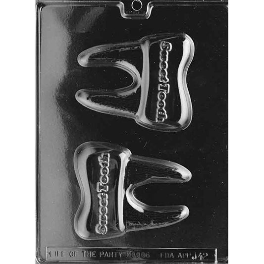 Sweet Tooth chocolate mold with two large tooth-shaped cavities featuring two roots and raised Sweet Tooth lettering