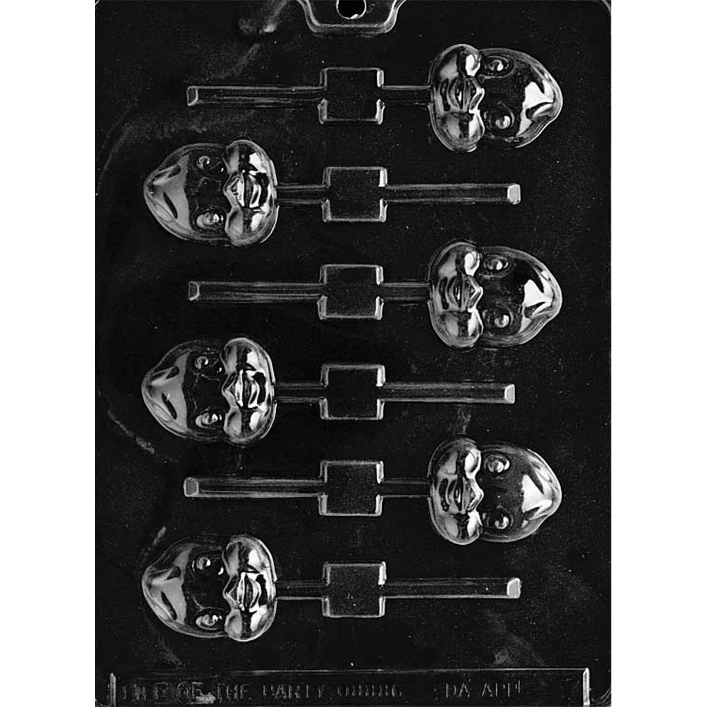 Clear plastic Sweetie Bird chocolate lollipop mold with six small bird-shaped cavities, each showing a chick-like face with raised eyes and beak detail, plus stick channels.