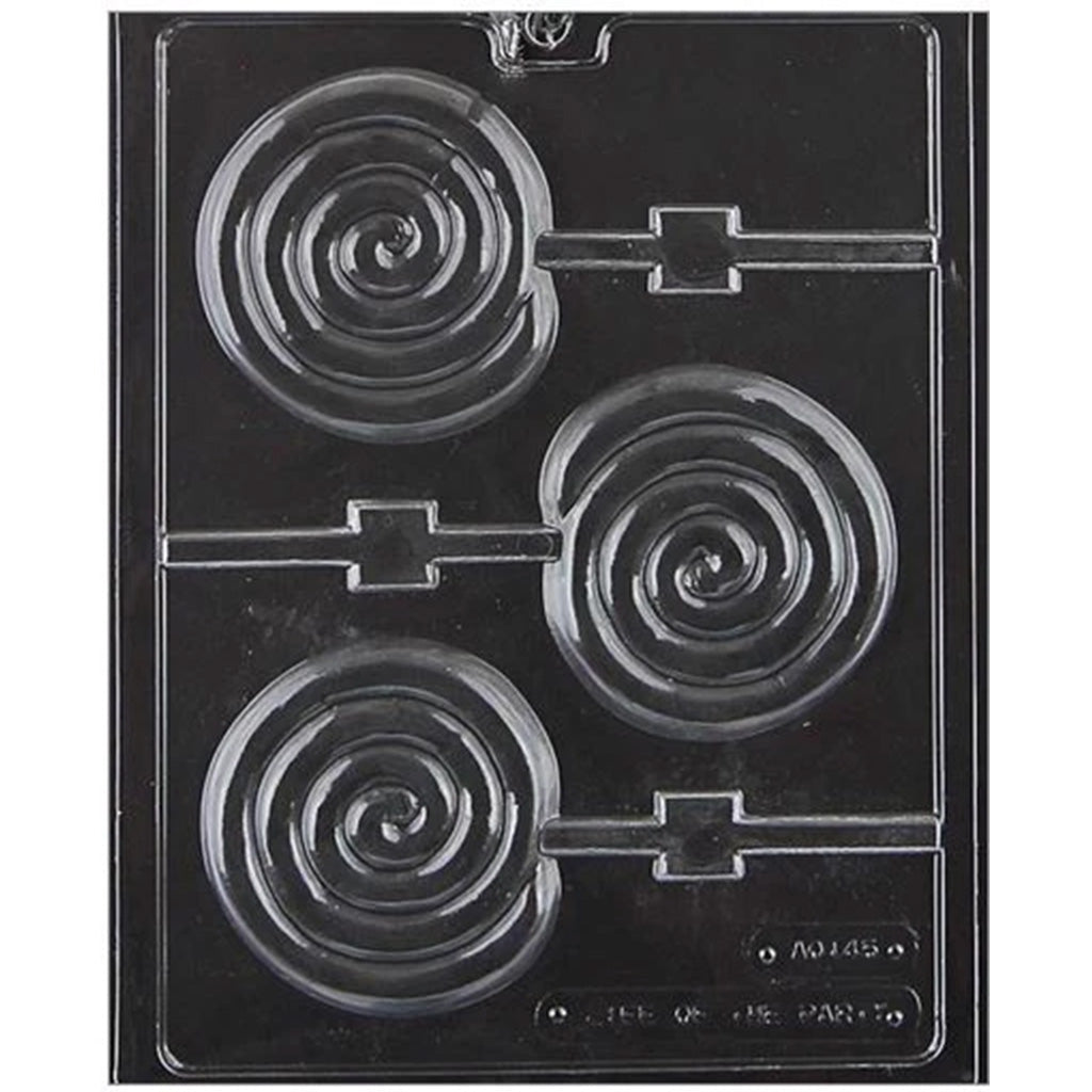 Plastic chocolate mold with three swirl lollipop cavities, designed for two-tone or colorful chocolate candy making.