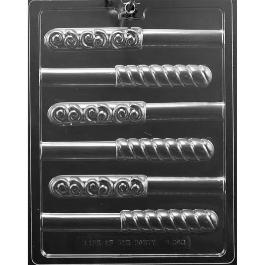 Clear plastic chocolate mold photographed on a black background with long pretzel rod-shaped cavities, featuring twisted swirl sections and smooth stick handles.