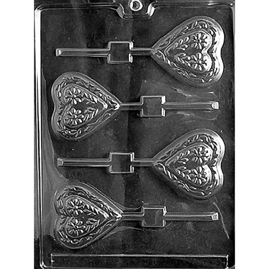 Clear four-cavity Double Hearts Chocolate Lollipop Mold with smaller hearts nested inside larger decorated hearts and built-in stick channels