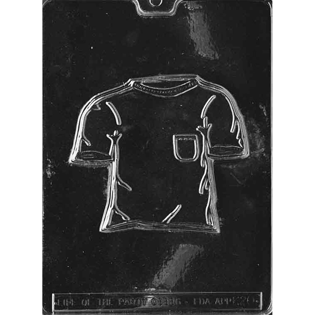 Clear plastic chocolate mold with one T-shirt cavity featuring short sleeves, a collar outline, and a small chest pocket detail, on a dark background.