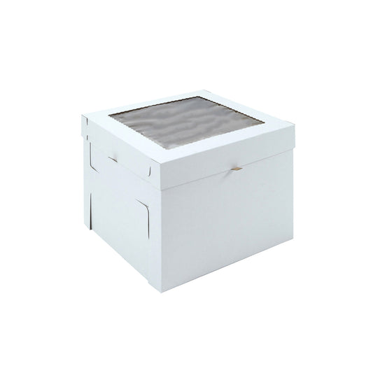 White tall two-piece cake box with a clear square window on the lid, shown assembled on a white background.