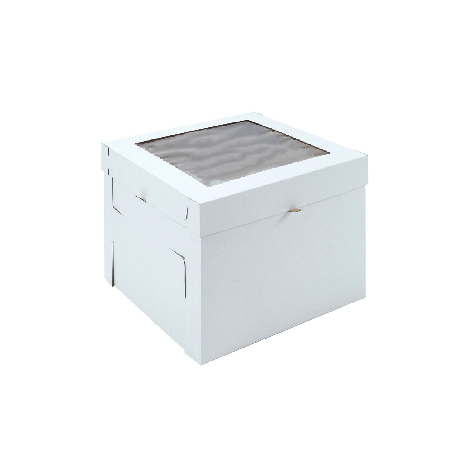 White tall cake box with a separate lid and a clear square window on top, shown closed on a white background.
