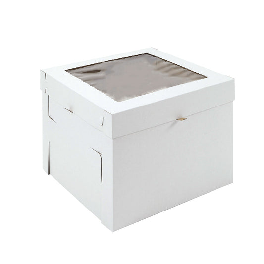 White 14 x 14 x 12-inch tall corrugated cake box with a separate lid and clear top window.