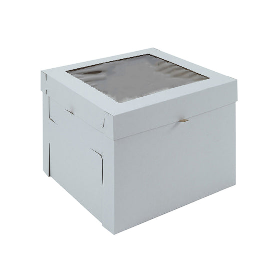 White two-piece corrugated tall cake box measuring 14 x 14 x 8 inches with a clear window in the lid