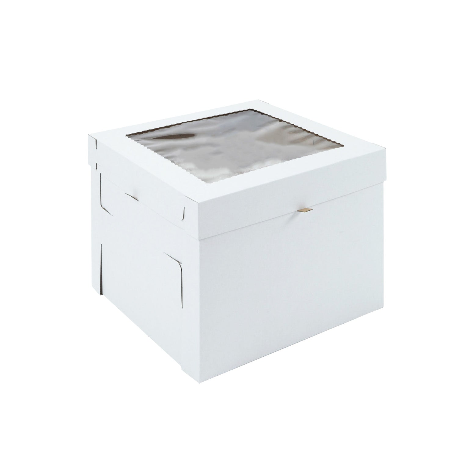 Tall white two-piece 12 x 12 x 8 cake box with a clear square window in the top lid, shown closed on a white background.