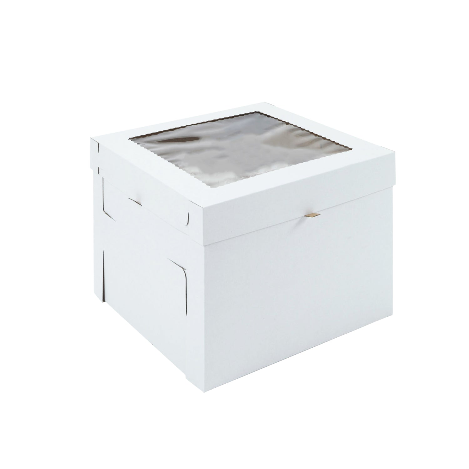 Tall white two-piece 8 x 8 x 8 cake box with a clear square window in the top lid, shown closed on a white background.