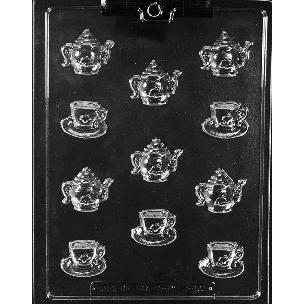 Clear plastic chocolate mold with 11 bite-sized cavities featuring six floral teapots and five teacups resting on saucers