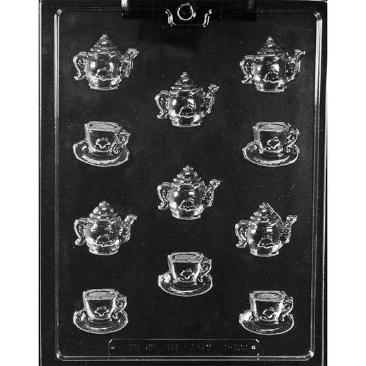 Clear plastic chocolate mold with 11 bite-sized cavities featuring six floral teapots and five teacups resting on saucers