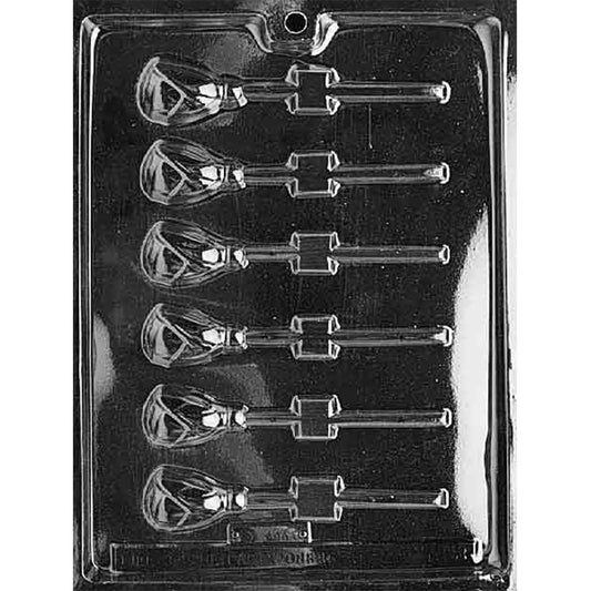Clear plastic Tea Rose Chocolate Lollipop Mold with six rosebud cavities featuring petal details and channels for sucker sticks