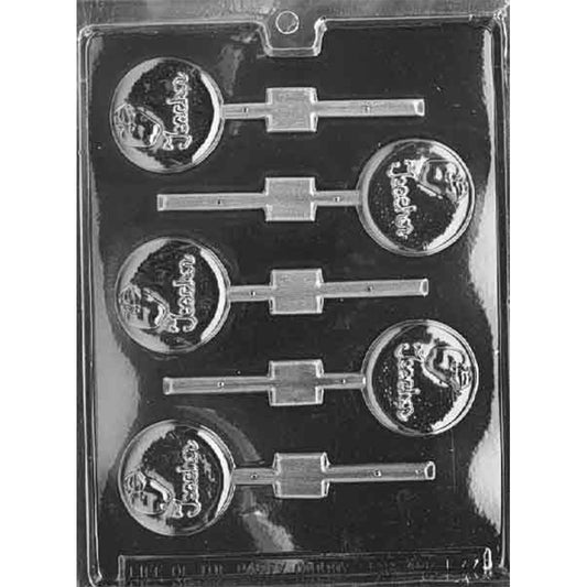 Clear Teacher Chocolate Lollipop Mold with six round cavities embossed with the word Teacher and an apple, each with a stick channel, shown on a black background.