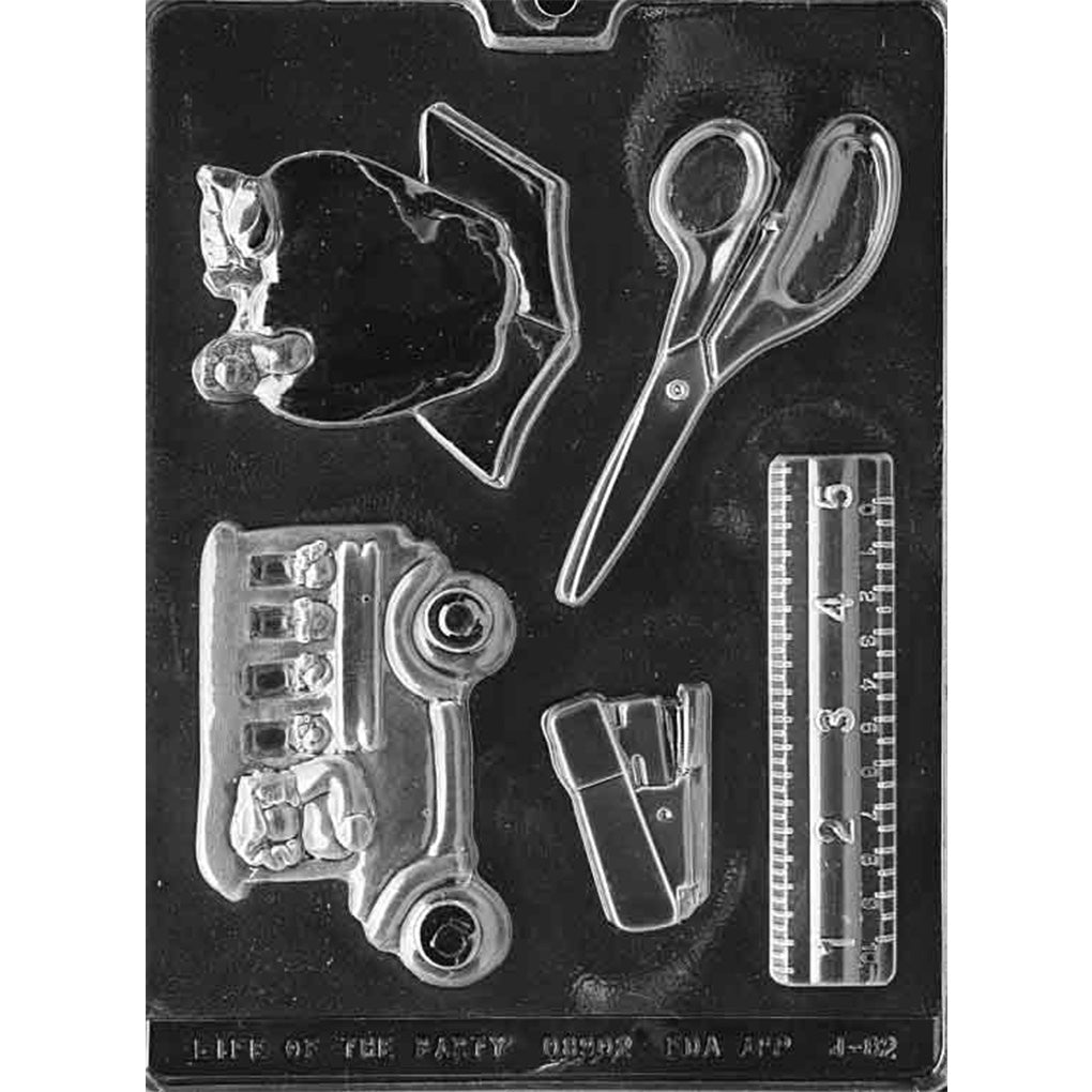 Clear plastic five-cavity Teacher's Kit Chocolate Mold with apple and books, scissors, school bus, stapler, and ruler designs