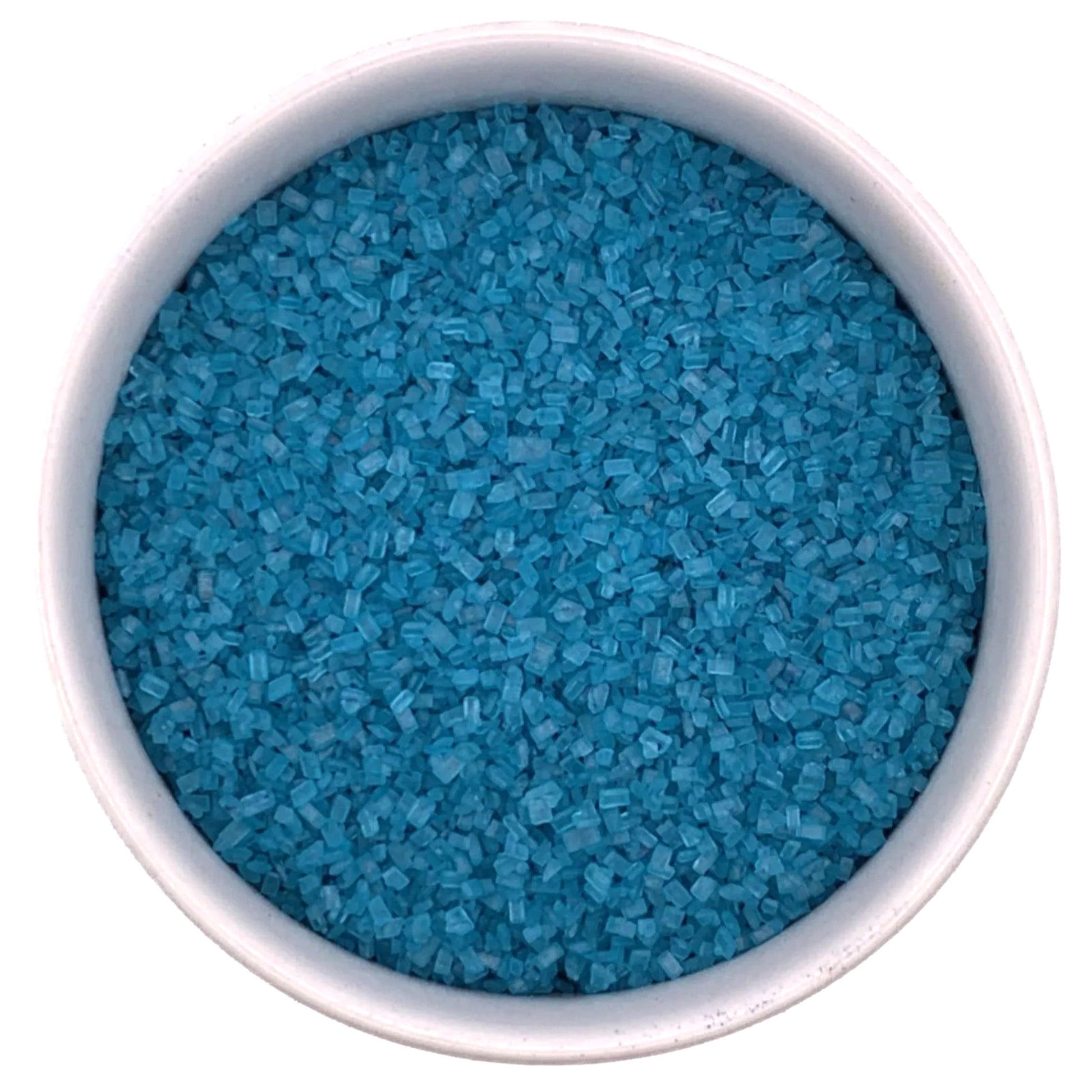 Top-down view of a white bowl filled with teal coarse sanding sugar crystals, showing chunky sparkling granules and rich blue-green color.
