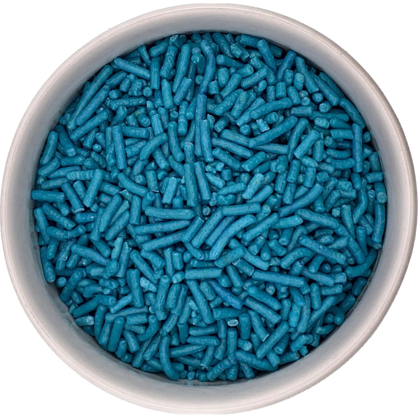 Top-down view of a round container filled with teal jimmies sprinkles, showing densely packed rod-shaped pieces in a blue-green aqua shade.