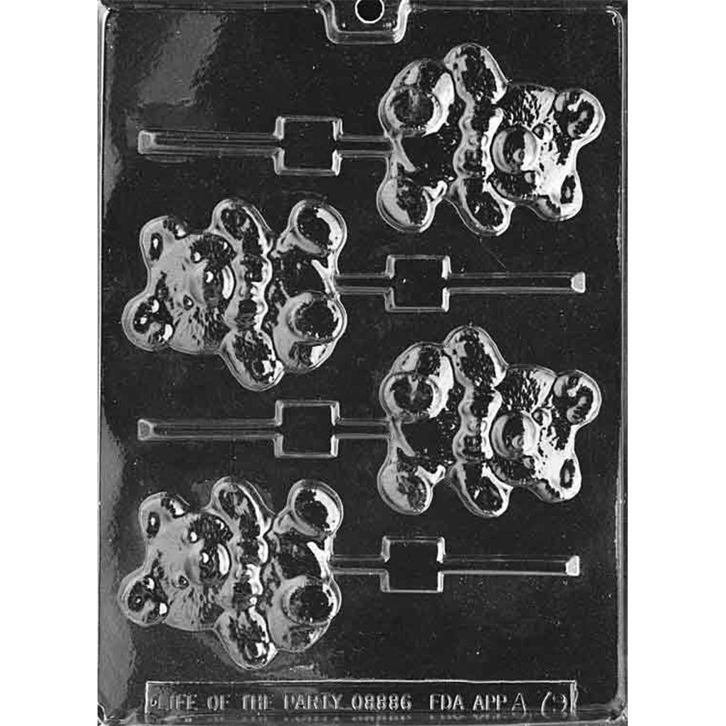 Clear plastic chocolate lollipop mold with five full-body teddy bear cavities showing rounded ears, paws, and belly details, with stick channels for making teddy bear pops.