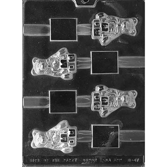 Clear plastic pretzel rod chocolate mold on a dark background with teddy bear toppers holding A B C blocks, each connected to a long pretzel rod channel.