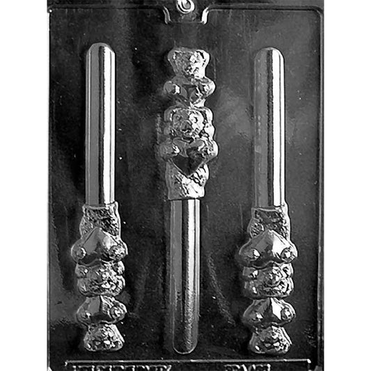 Clear three-cavity Teddy Bears Holding Heart Pretzel Rod Chocolate Mold with two stacked bears and hearts on each rod design